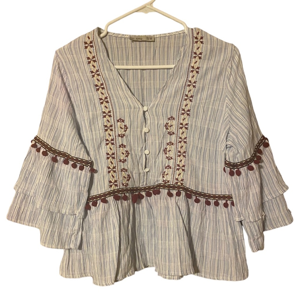 Womens ESQ Boho Blouse Trumpet 3/4 Sleeves Shirt Blue White Peplum Pompous Top